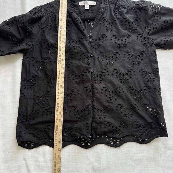 Catherine Malandrino Cotton Black Ruffle Collar V Neck Eyelet Woven Top Size M - Picture 5 of 6
